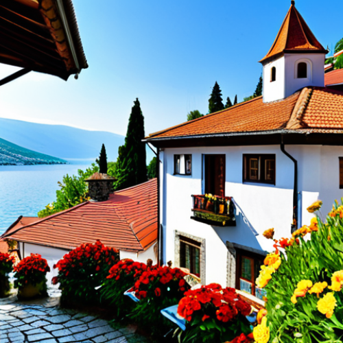 Home 22 Ohrid Old Town Charm**
"A charming scene in the old town of Ohrid, North Macedonia. Cobblestone streets wind between traditional houses with red-tiled roofs and flower-filled balconies. In the background, the Church of St. John at Kaneo stands majestically overlooking the crystal-clear lake. The scene is bathed in warm golden light of the late afternoon. Focus on the details of the architecture and the vibrant colors of the flowers. perfect anatomy, natural pose, high quality, safe for work, appropriate content, fully clothed, modest, family-friendly, professional photography."
**