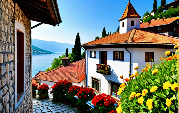 Ohrid Old Town Charm**
"A charming scene in the old town of Ohrid, North Macedonia. Cobblestone streets wind between traditional houses with red-tiled roofs and flower-filled balconies. In the background, the Church of St. John at Kaneo stands majestically overlooking the crystal-clear lake. The scene is bathed in warm golden light of the late afternoon. Focus on the details of the architecture and the vibrant colors of the flowers. perfect anatomy, natural pose, high quality, safe for work, appropriate content, fully clothed, modest, family-friendly, professional photography."
**