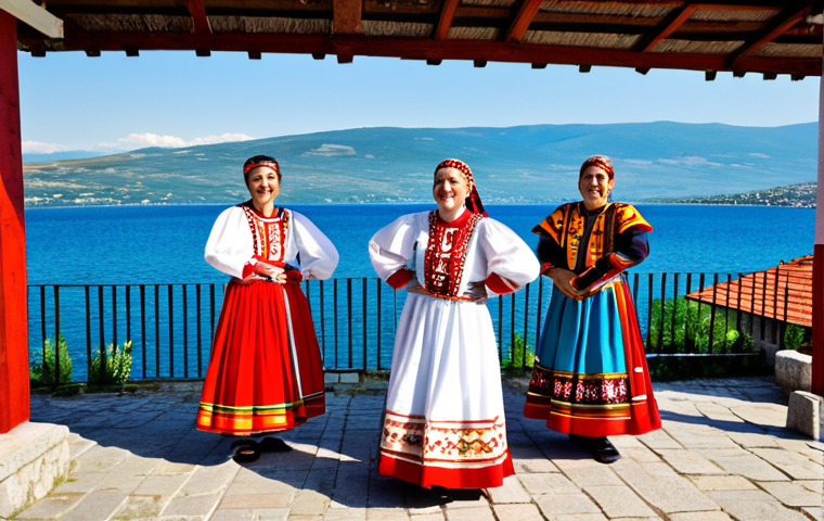 **

"A vibrant scene at the Ohrid Folk Festival in North Macedonia. Traditional Macedonian musicians are playing a *tapan*, *gajda*, and *tambura*. Dancers in colorful, embroidered folk costumes are performing a traditional dance. The backdrop features the stunning Lake Ohrid and the historic architecture of the city. The atmosphere is festive and joyful. fully clothed, appropriate attire, safe for work, perfect anatomy, natural proportions, professional photography, high quality, family-friendly."

**