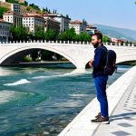 **

"Safe for work, appropriate content, a family-friendly scene of a traveler standing on the Stone Bridge in Skopje, North Macedonia. The traveler is fully clothed in modest attire, wearing comfortable walking shoes and carrying a backpack. In the background, show a blend of Ottoman and modern architecture with the Vardar River flowing beneath the bridge. Perfect anatomy, correct proportions, natural pose, professional photography, high quality."

**