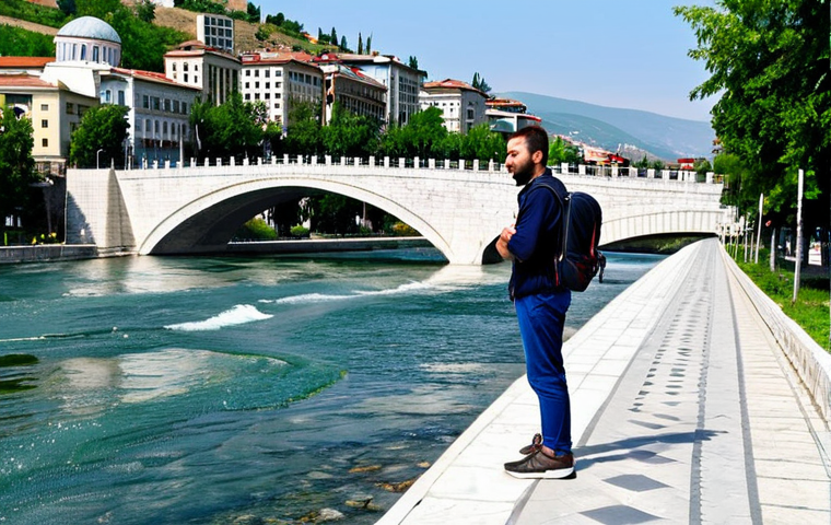 **

"Safe for work, appropriate content, a family-friendly scene of a traveler standing on the Stone Bridge in Skopje, North Macedonia. The traveler is fully clothed in modest attire, wearing comfortable walking shoes and carrying a backpack. In the background, show a blend of Ottoman and modern architecture with the Vardar River flowing beneath the bridge. Perfect anatomy, correct proportions, natural pose, professional photography, high quality."

**