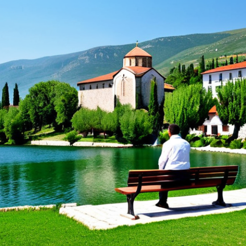 Home 11 Lakeside Peace**
A serene view of Lake Ohrid, North Macedonia, with the Monastery of Saint Naum in the background. The monastery is nestled amongst lush greenery, with the calm lake reflecting the clear sky. A person in modest clothing sits peacefully on a bench, enjoying the tranquil scenery. Focus on natural light and vibrant colors. Safe for work, appropriate content, fully clothed, professional photography, perfect anatomy, natural proportions, family-friendly.
**