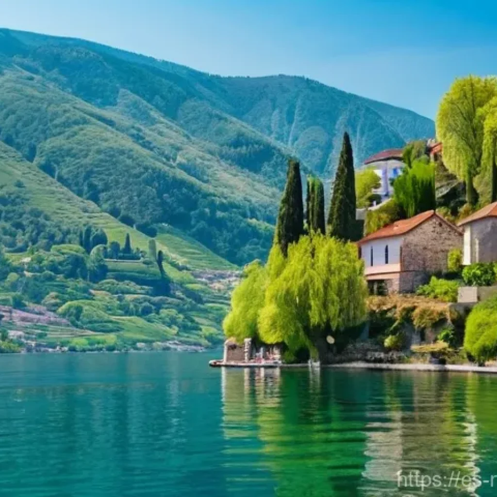 북마케도니아 기후 및 여행 시기 - **A serene spring morning at Lake Ohrid, North Macedonia.** The crystal-clear waters of the lake gen...