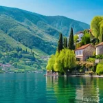 Home 6 북마케도니아 기후 및 여행 시기 - **A serene spring morning at Lake Ohrid, North Macedonia.** The crystal-clear waters of the lake gen...