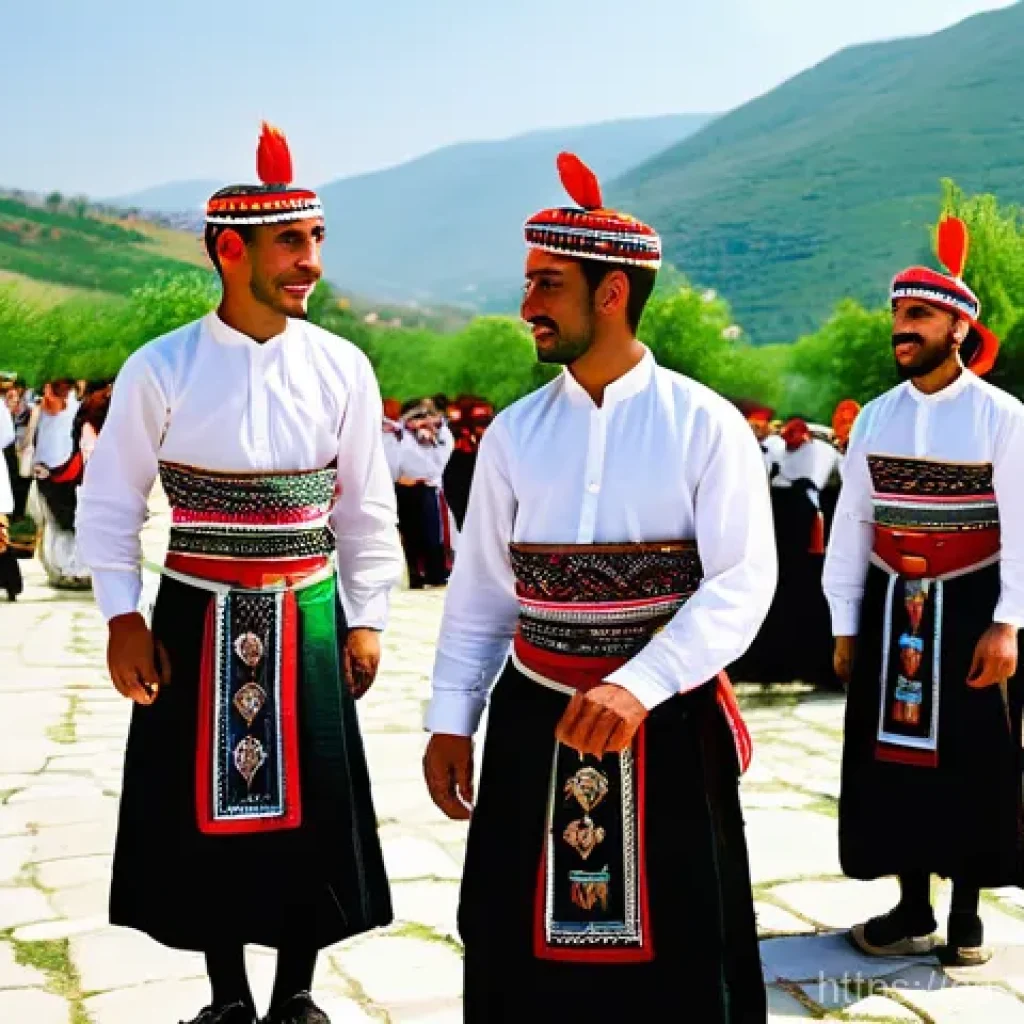 북마케도니아 전통 의상 - **Vibrant Village Festival Scene:**
"A lively outdoor scene depicting a traditional Macedonian v...