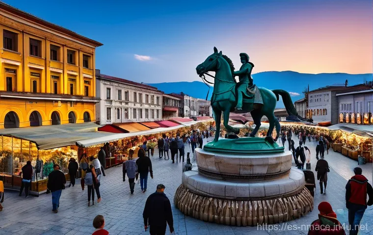 북마케도니아에서 경험할 수 있는 액티비티 - **Skopje's Vibrant Blend: Old Bazaar and Modern Grandeur**
A wide-angle, highly detailed photogr...