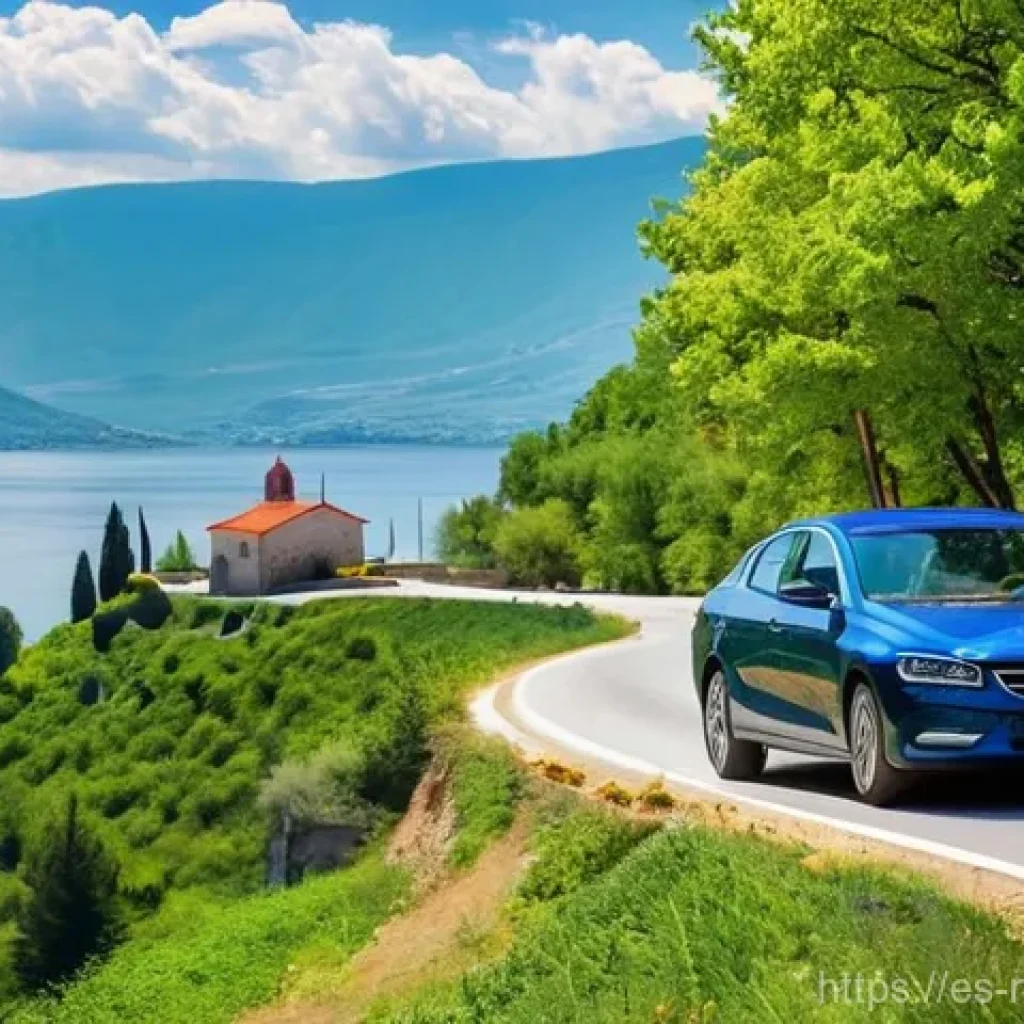 북마케도니아에서 자동차 여행 시 주의할 점 - **Macedonian Lakeside Drive:** A sleek, modern European sedan is gracefully navigating a well-mainta...