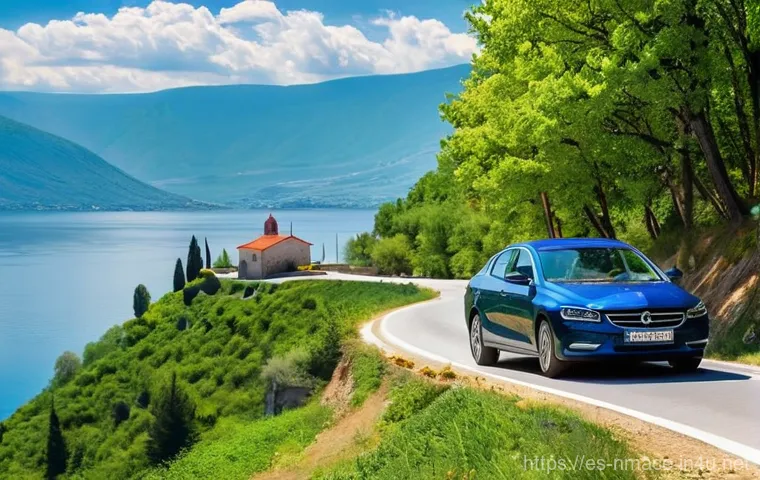 북마케도니아에서 자동차 여행 시 주의할 점 - **Macedonian Lakeside Drive:** A sleek, modern European sedan is gracefully navigating a well-mainta...