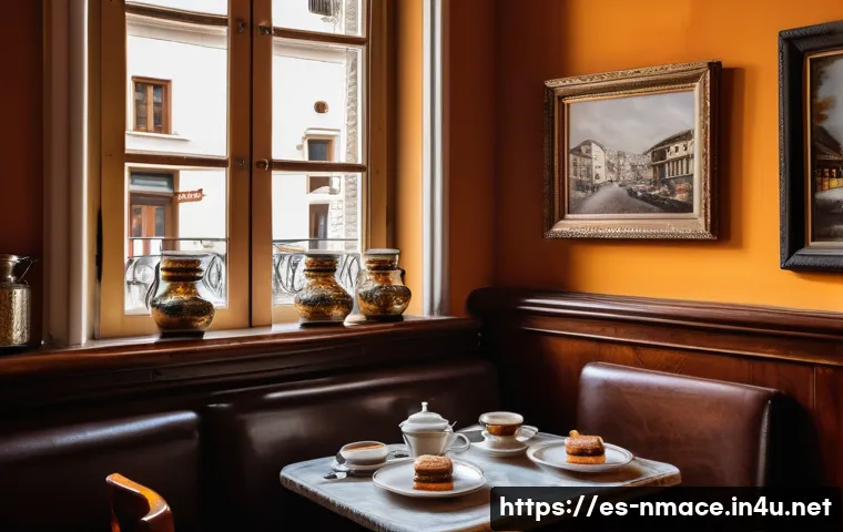 북마케도니아에서 유럽 스타일 카페 탐방 - A cozy, historic European-style café interior in Skopje, North Macedonia, featuring antique wooden f...