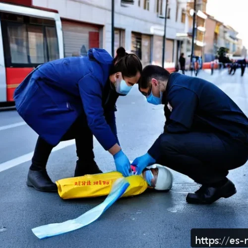 북마케도니아에서 응급 상황 발생 시 대처법 - A detailed urban emergency scene in Skopje, North Macedonia, showing a trained first responder weari...