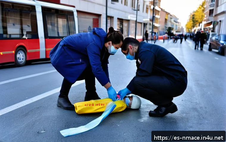 북마케도니아에서 응급 상황 발생 시 대처법 - A detailed urban emergency scene in Skopje, North Macedonia, showing a trained first responder weari...